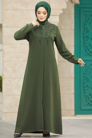 Neva Style - Fermuarlı Haki Tesettür Ferace 10086HK - 2