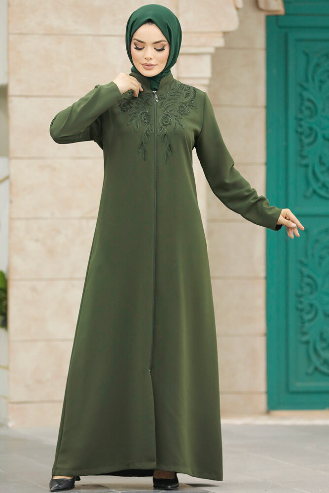 Neva Style - Fermuarlı Haki Tesettür Ferace 10086HK - 2