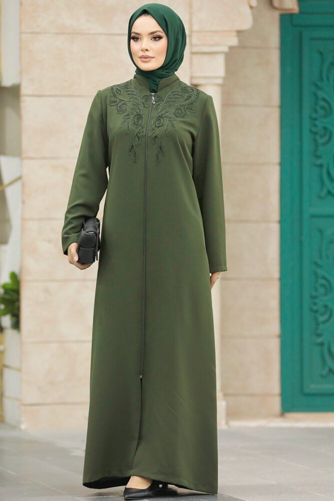 Neva Style - Fermuarlı Haki Tesettür Ferace 10086HK - 1