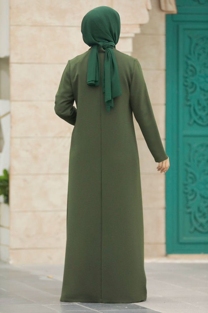 Neva Style - Fermuarlı Haki Tesettür Ferace 10086HK - 3