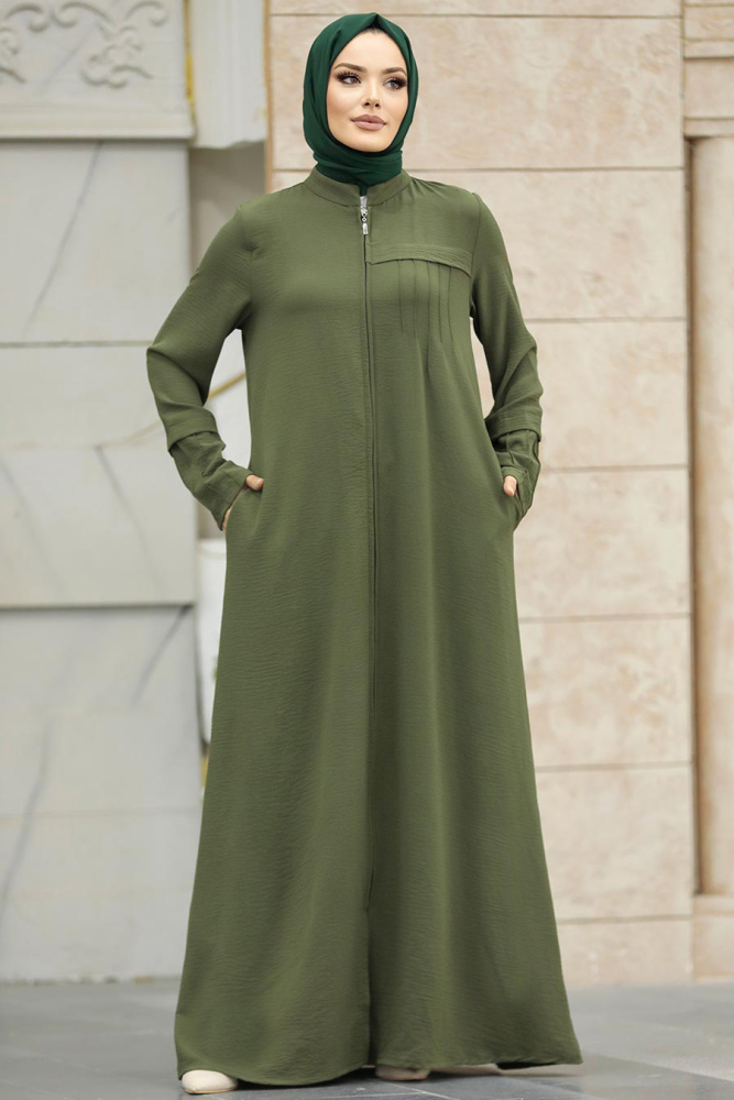 Neva Style - Fermuarlı Haki Tesettür Ferace 1098HK - 1