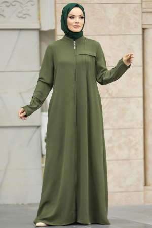 Neva Style - Fermuarlı Haki Tesettür Ferace 1098HK - 2