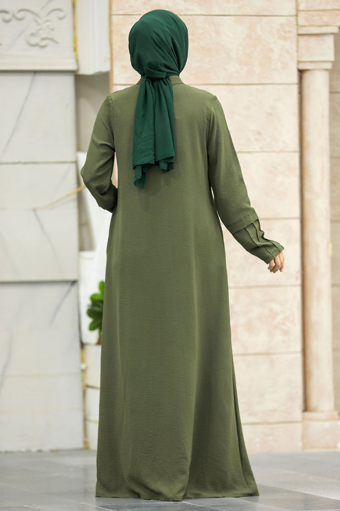 Neva Style - Fermuarlı Haki Tesettür Ferace 1098HK - 3