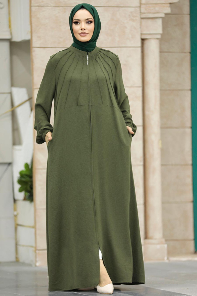 Neva Style - Fermuarlı Haki Tesettür Ferace 11065HK - 2
