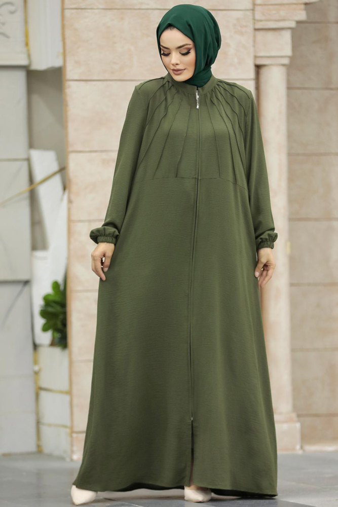 Neva Style - Fermuarlı Haki Tesettür Ferace 11065HK - 1