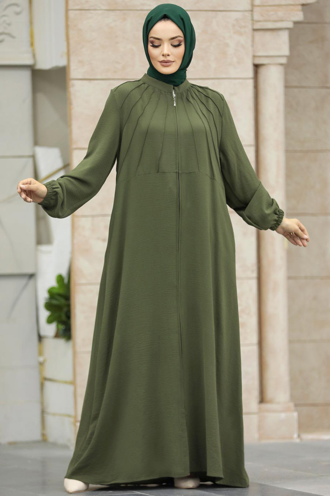 Neva Style - Fermuarlı Haki Tesettür Ferace 11065HK - 3