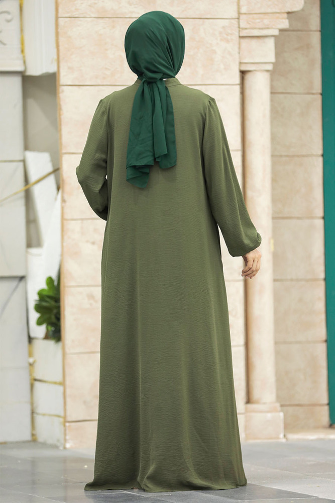 Neva Style - Fermuarlı Haki Tesettür Ferace 11065HK - 4