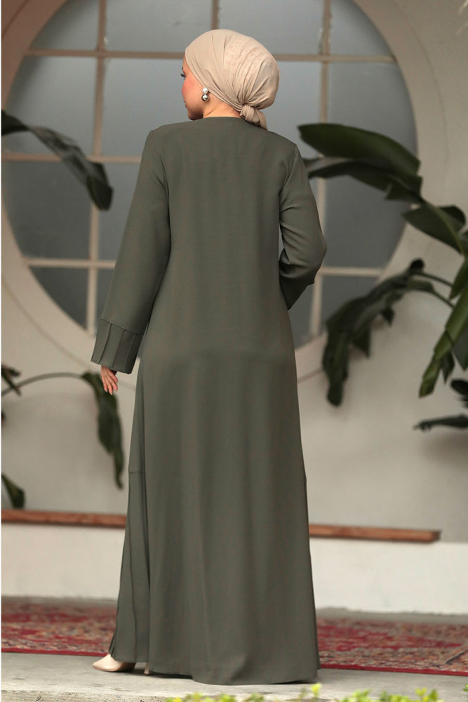 Neva Style - Fermuarlı Haki Tesettür Ferace 20018HK - 3