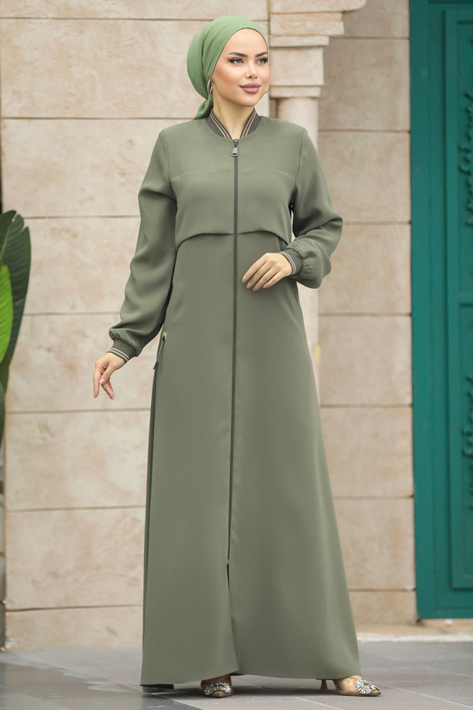 Neva Style - Fermuarlı Haki Tesettür Ferace 20075HK - 1