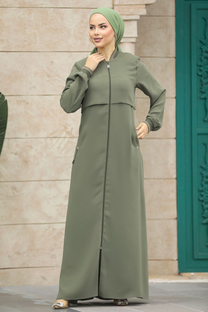 Neva Style - Fermuarlı Haki Tesettür Ferace 20075HK - 2