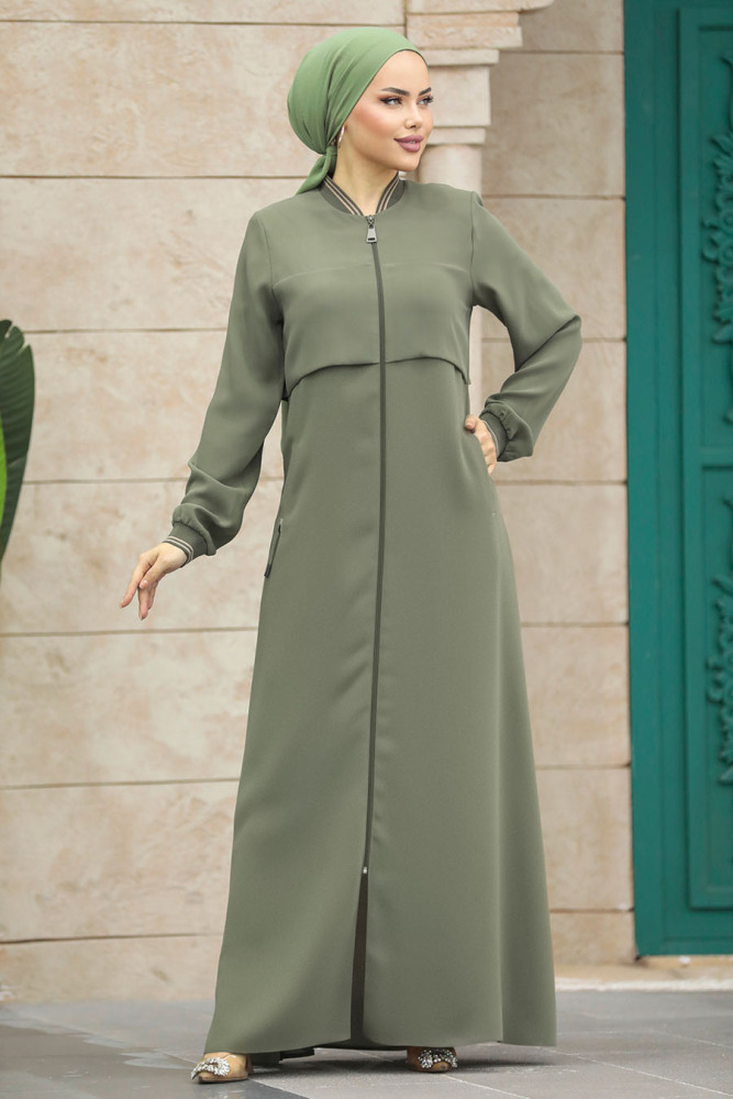 Neva Style - Fermuarlı Haki Tesettür Ferace 20075HK - 3