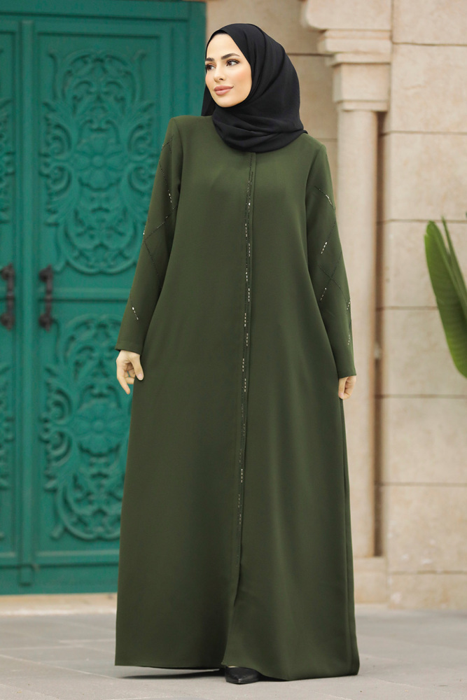 Neva Style - Fermuarlı Haki Tesettür Ferace 625HK - 2