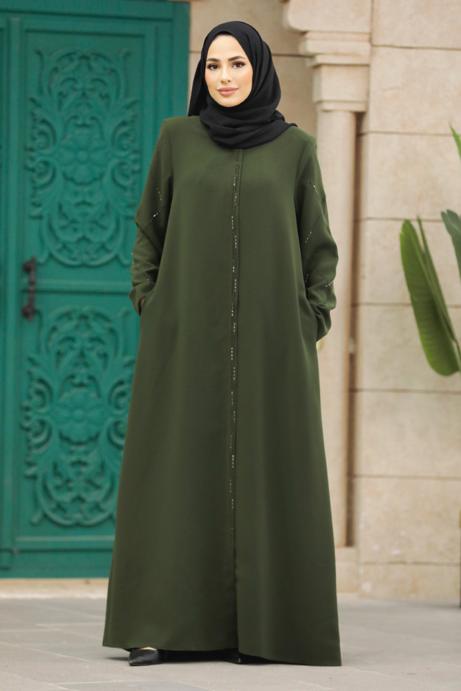 Neva Style - Fermuarlı Haki Tesettür Ferace 625HK - 3