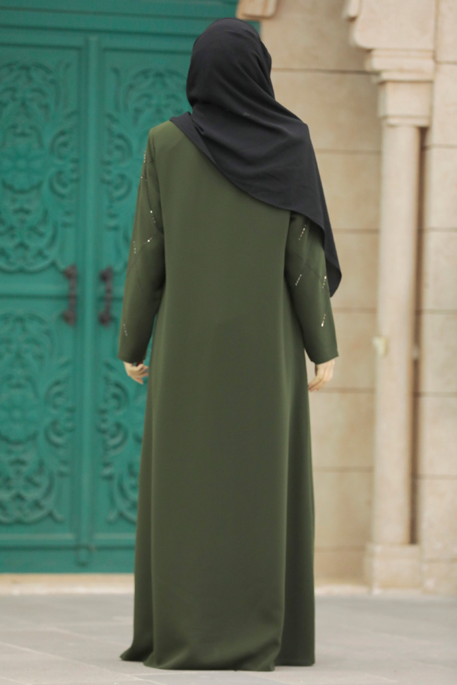 Neva Style - Fermuarlı Haki Tesettür Ferace 625HK - 4