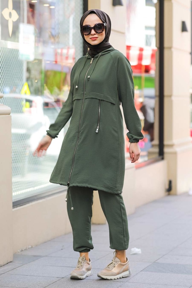 Neva Style - Fermuarlı Haki Tesettür İkili Takım 10050HK - 2