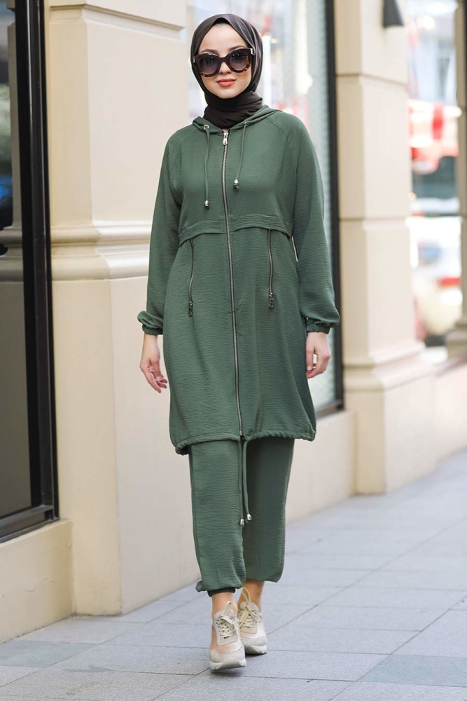 Neva Style - Fermuarlı Haki Tesettür İkili Takım 10050HK - 1