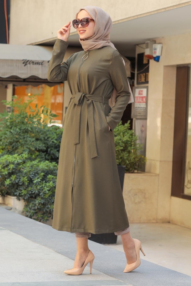 Neva Style - Fermuarlı Haki Tesettür Kap 5554HK - 2