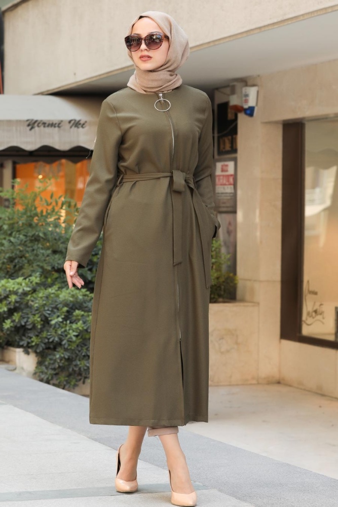 Neva Style - Fermuarlı Haki Tesettür Kap 5554HK - 1