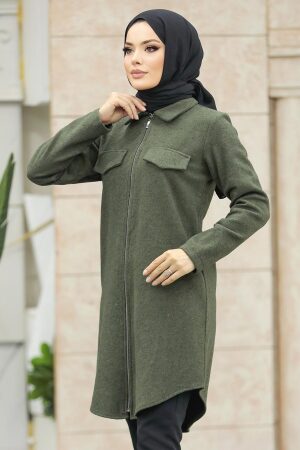  Fermuarlı Haki Tesettür Kaşe Tunik 5944HK - 3