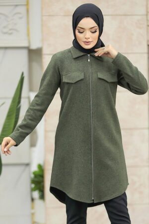  Fermuarlı Haki Tesettür Kaşe Tunik 5944HK - 4