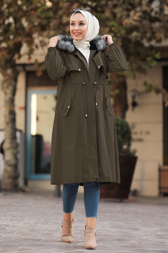 Neva Style - Fermuarlı Haki Tesettür Parka 9066HK - 1