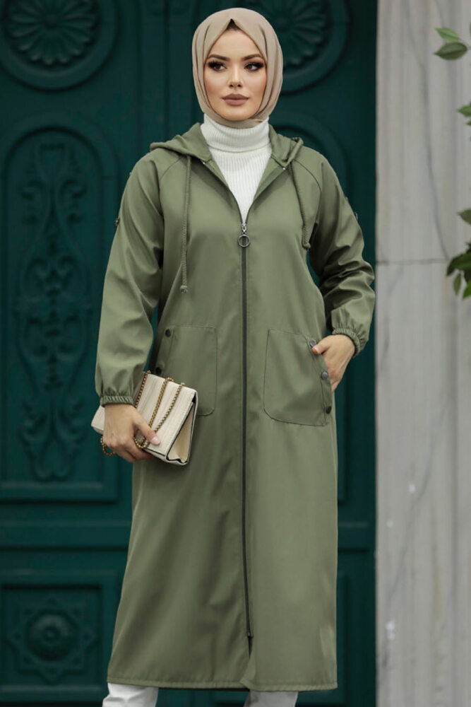 Neva Style - Fermuarlı Haki Tesettür Trençkot 5511HK - 1