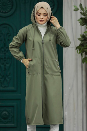 Neva Style - Fermuarlı Haki Tesettür Trençkot 5511HK - 3