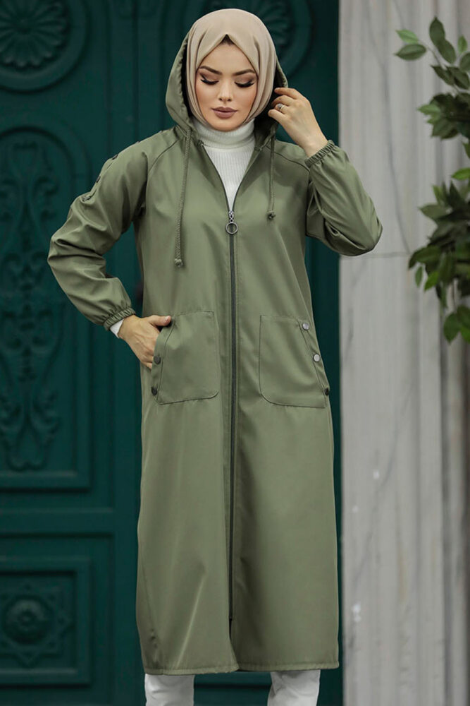 Neva Style - Fermuarlı Haki Tesettür Trençkot 5511HK - 3
