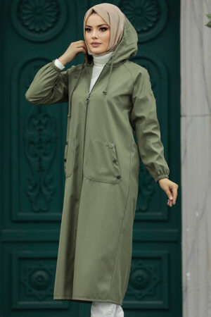 Neva Style - Fermuarlı Haki Tesettür Trençkot 5511HK - 4