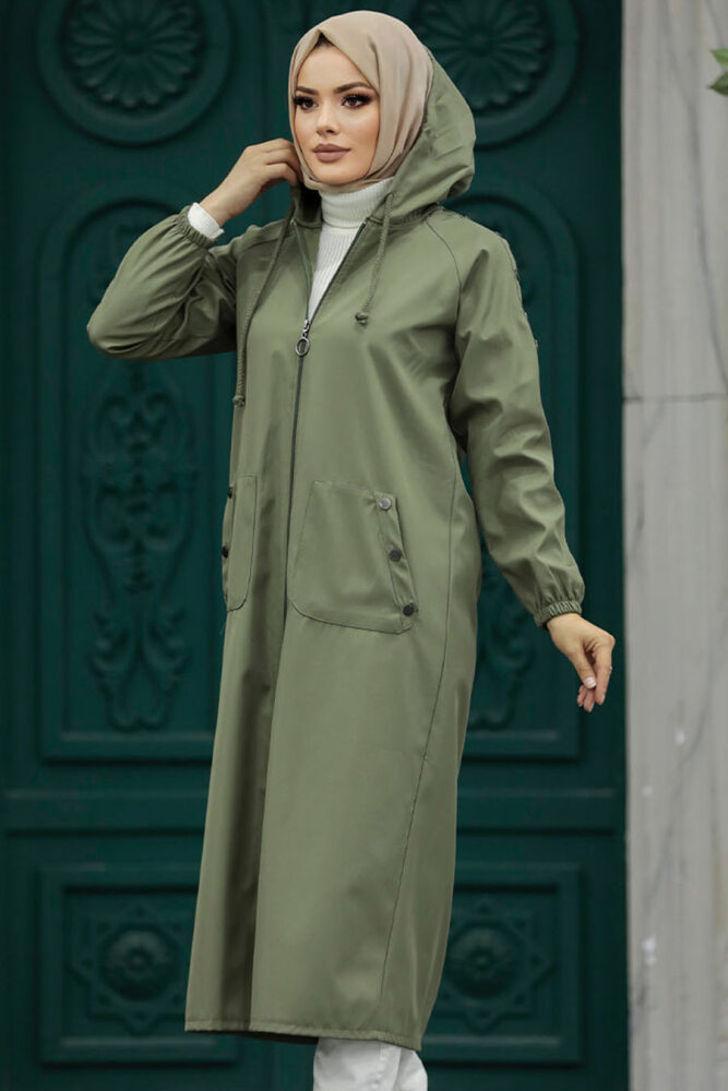 Neva Style - Fermuarlı Haki Tesettür Trençkot 5511HK - 4