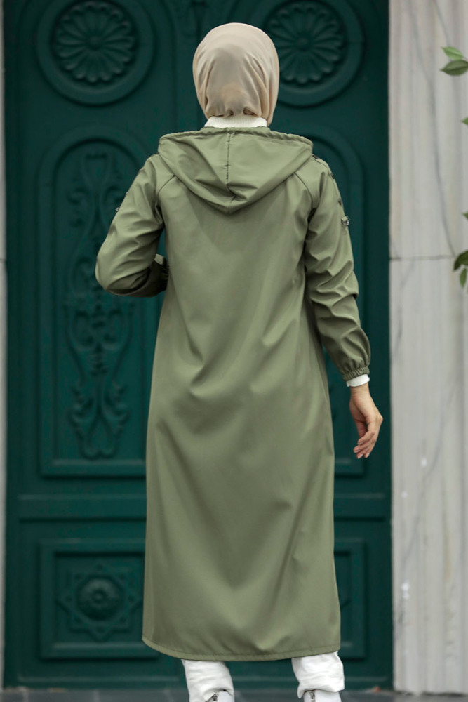 Neva Style - Fermuarlı Haki Tesettür Trençkot 5511HK - 5