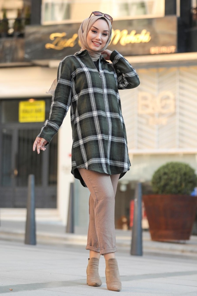 Neva Style - Fermuarlı Haki Tesettür Tunik 20031HK - 1