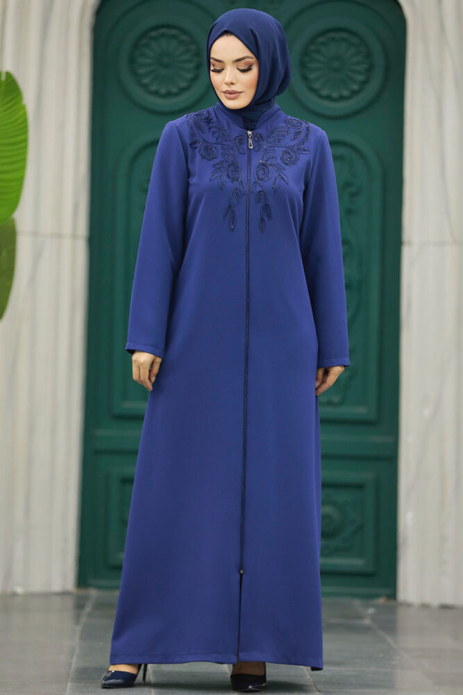 Neva Style - Fermuarlı İndigo Mavisi Tesettür Ferace 10086IM - 1