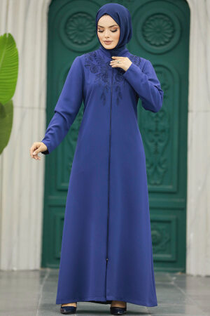 Neva Style - Fermuarlı İndigo Mavisi Tesettür Ferace 10086IM - 2