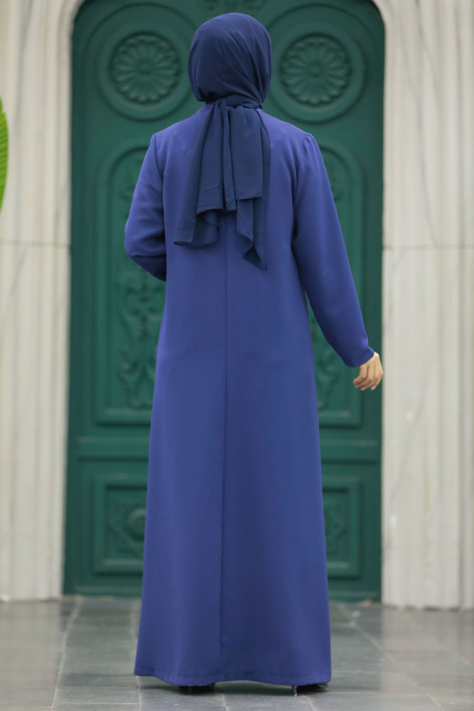 Neva Style - Fermuarlı İndigo Mavisi Tesettür Ferace 10086IM - 3