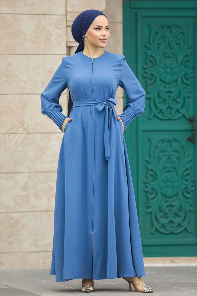 Neva Style - Fermuarlı İndigo Mavisi Tesettür Ferace 20146IM - 3