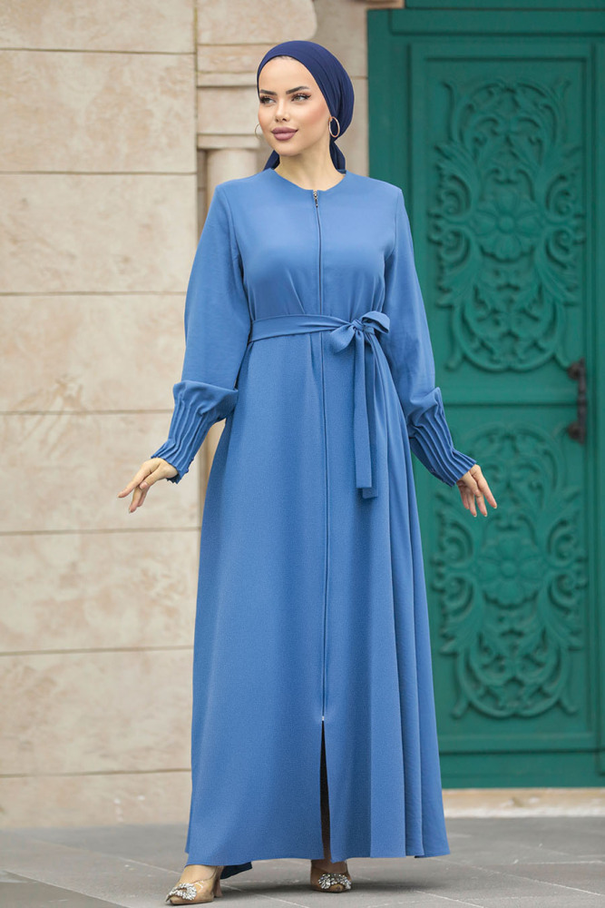 Neva Style - Fermuarlı İndigo Mavisi Tesettür Ferace 20146IM - 2