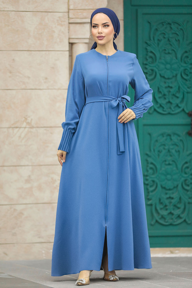 Neva Style - Fermuarlı İndigo Mavisi Tesettür Ferace 20146IM - 1