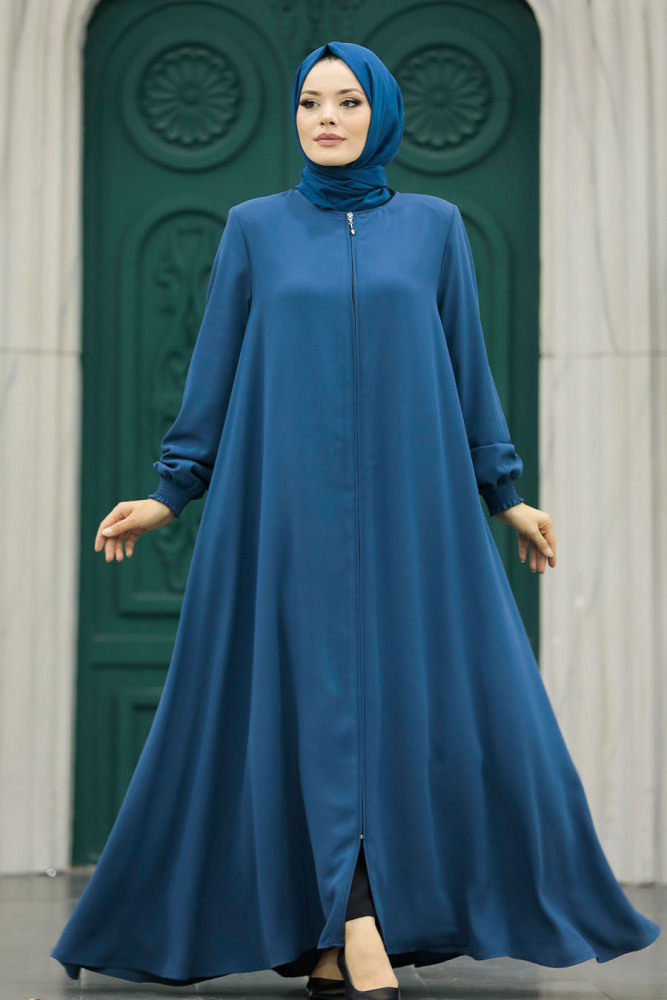 Neva Style - Fermuarlı İndigo Mavisi Tesettür Ferace 62536IM - 2