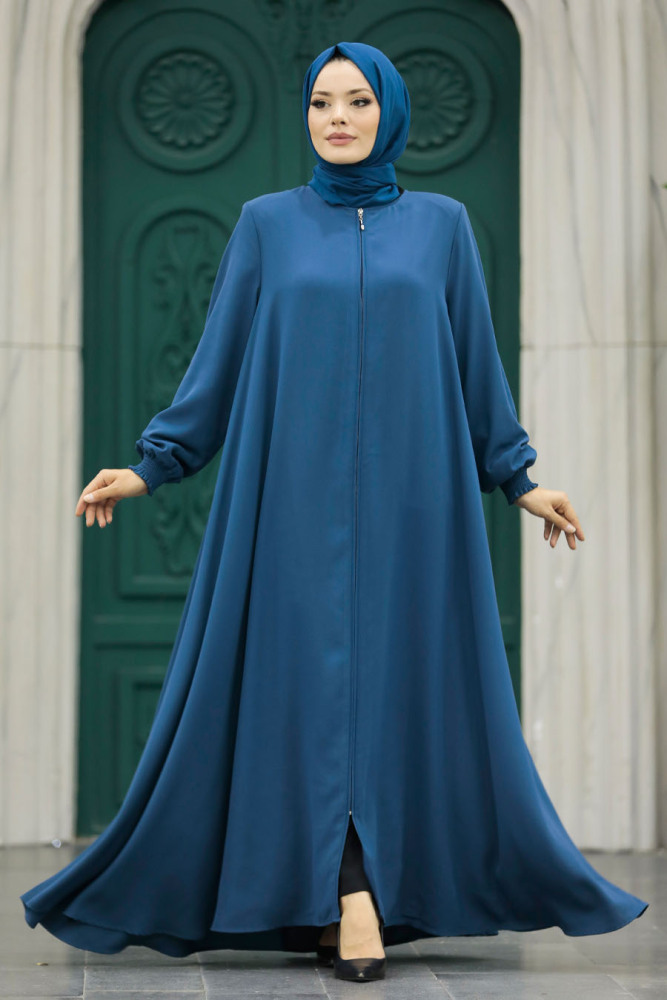 Neva Style - Fermuarlı İndigo Mavisi Tesettür Ferace 62536IM - 1