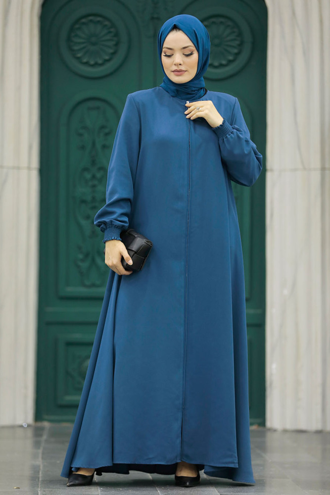 Neva Style - Fermuarlı İndigo Mavisi Tesettür Ferace 62536IM - 3