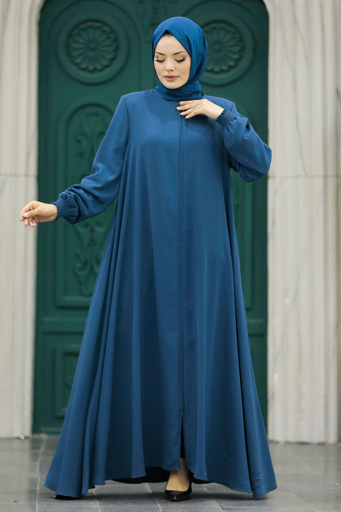 Neva Style - Fermuarlı İndigo Mavisi Tesettür Ferace 62536IM - 4