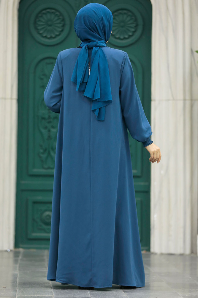 Neva Style - Fermuarlı İndigo Mavisi Tesettür Ferace 62536IM - 5