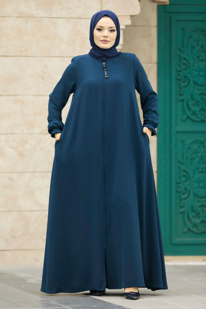 Neva Style - Fermuarlı İndigo Mavisi Tesettür Ferace 63001IM - 4