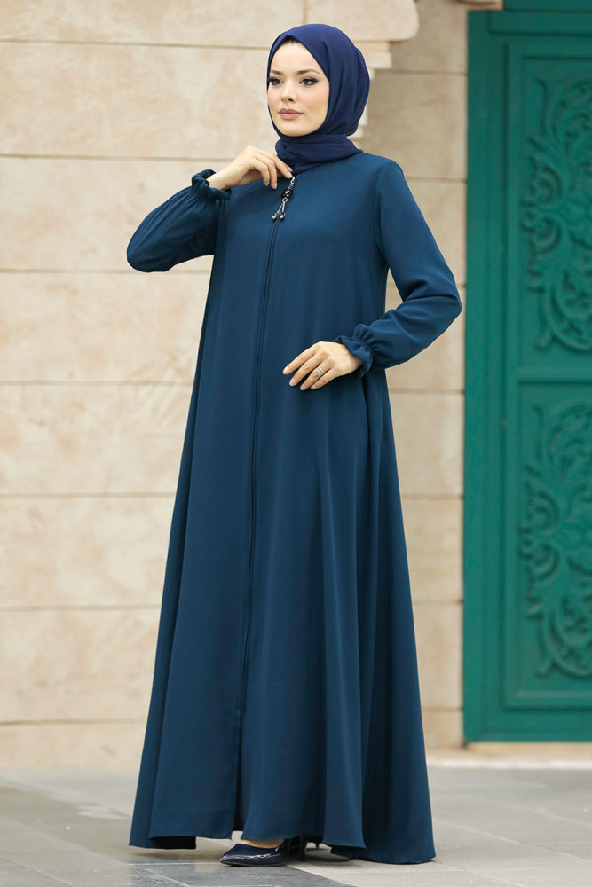 Neva Style - Fermuarlı İndigo Mavisi Tesettür Ferace 63001IM - 2