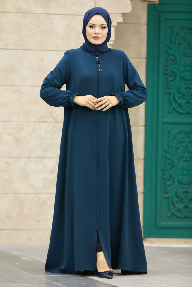 Neva Style - Fermuarlı İndigo Mavisi Tesettür Ferace 63001IM - 3