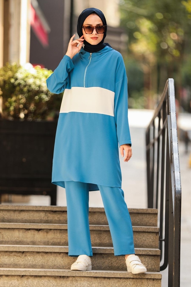 Neva Style - Fermuarlı İndigo Mavisi Tesettür İkili Takım 55520IM - 1