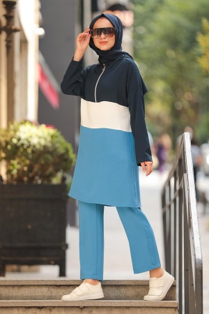 Neva Style - Fermuarlı İndigo Mavisi Tesettür İkili Takım 5552IM - 1