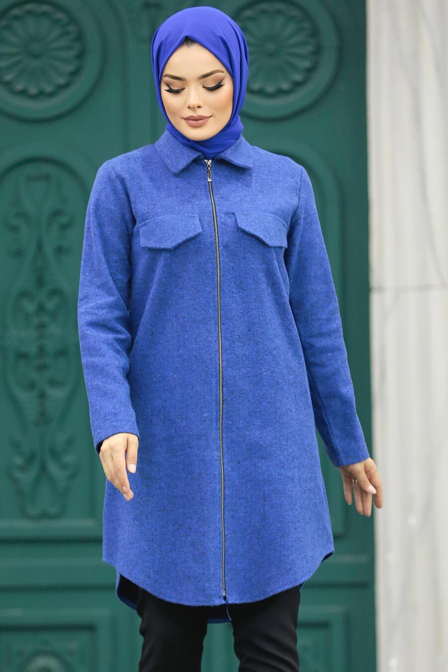 Neva Style - Fermuarlı İndigo Mavisi Tesettür Kaşe Tunik 5944IM