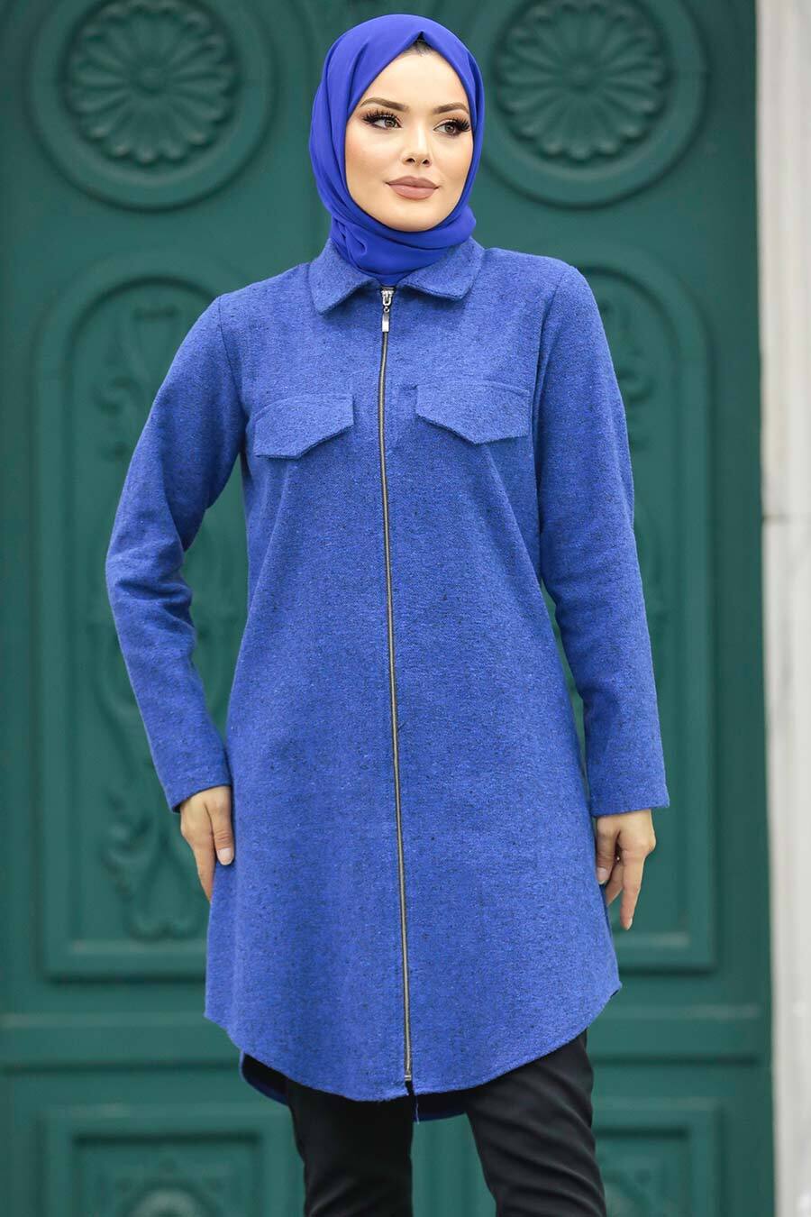 Neva Style - Fermuarlı İndigo Mavisi Tesettür Kaşe Tunik 5944IM